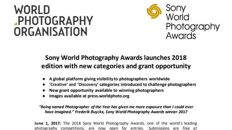 ​Sony World Photography Awards 2018 er åpnet for bidrag