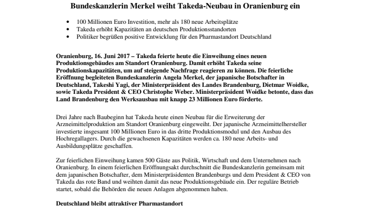 Bundeskanzlerin Merkel weiht Takeda-Neubau in Oranienburg ein