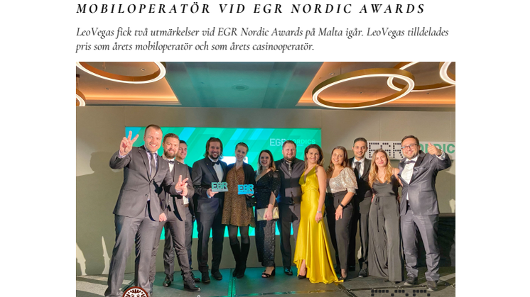 LeoVegas utsett till årets casinooperatör och årets mobiloperatör vid EGR Nordic Awards