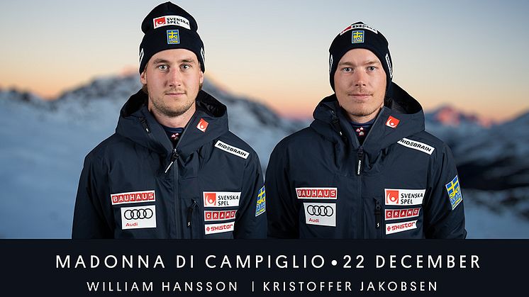 William Hansson, Mälaröarnas Alpina, och Kristoffer Jakobsen, Storklintens Alpina, kör kvällsslalom i Madonna di Campiglio 22 december. Foto: Ski Team Sweden Alpine