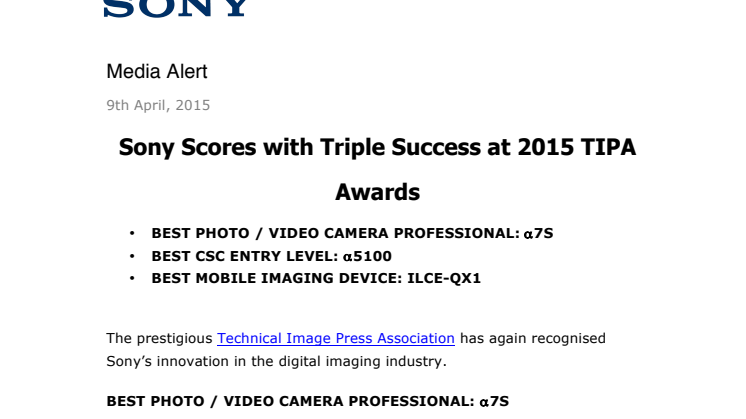 Sony Scores with Triple Success at 2015 TIPA Awards
