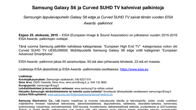 ​Samsung Galaxy S6 ja Curved SUHD TV kahmivat palkintoja