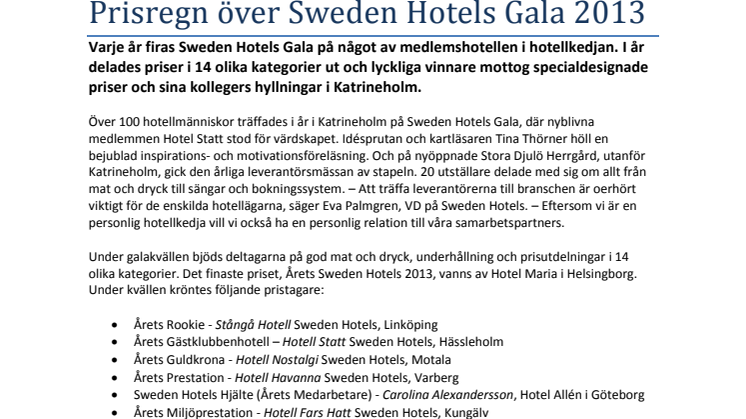 Prisregn över Sweden Hotels Gala 2013