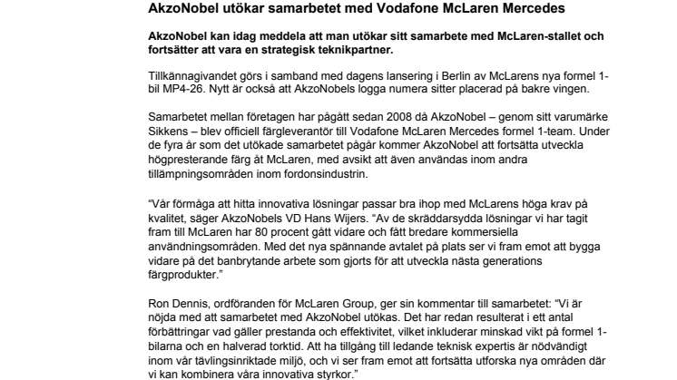 AkzoNobel utökar samarbetet med Vodafone McLaren Mercedes