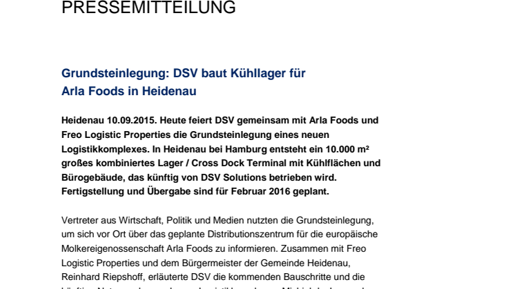 Grundsteinlegung: DSV baut Kühllager für Arla Foods in Heidenau