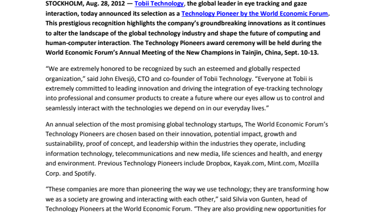 Tobii Named 2013 World Economic Forum Technology Pioneer