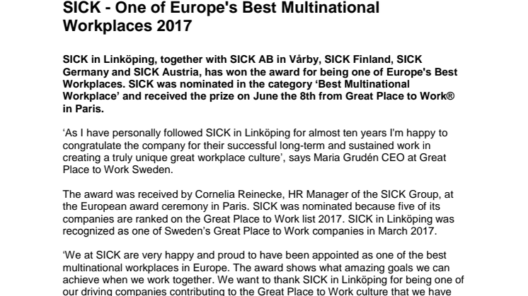 SICK – En av Europas Bästa Multinationella Arbetsplatser 2017