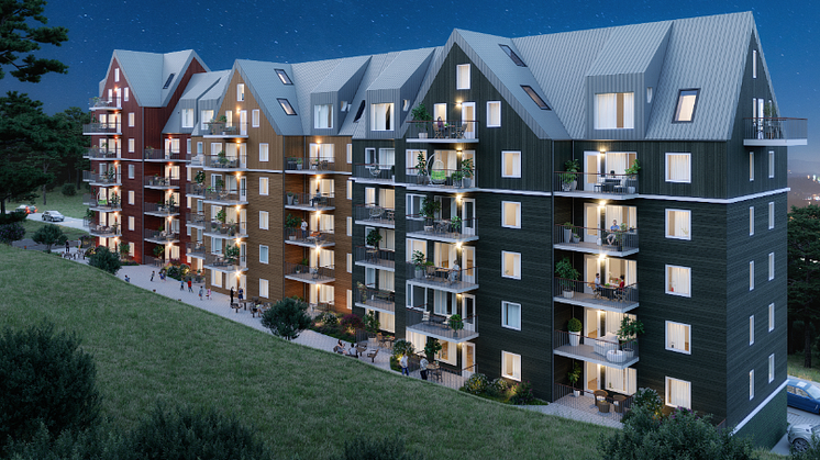 Bostadsrättsföreningen Träkronan i trä lever upp till namnet med nya fantastiska lägenheter som går i samklang med den intilliggande skogen. Bild: FO Arkitektkontor AB