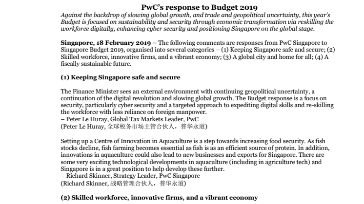 PwC’s response to Budget 2019