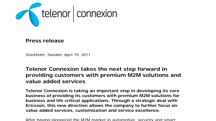 Telenor Connexion takes the next step forward in providing customers with premium M2M solutions and value added services