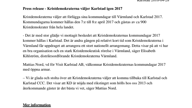 Kristdemokraterna väljer Karlstad igen 2017