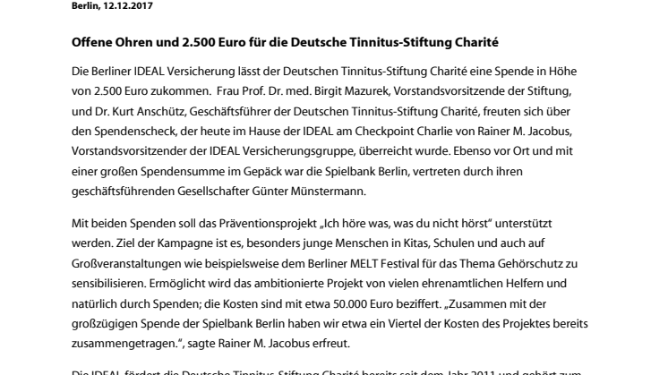 Offene Ohren und 2.500 Euro für die Deutsche Tinnitus-Stiftung Charité
