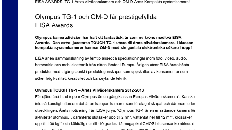 Olympus TG-1 och OM-D får prestigefyllda EISA Awards