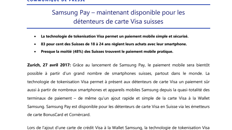 Samsung Pay – maintenant disponible pour les  détenteurs de carte Visa suisses 