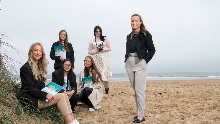 Emily Ross (far right), Stronger Shores Project Delivery Officer, with Business Clinic students (from l-r) Katy Gilbert, Stephanie Boast, Alie Bendoy (crouching), Lucy Coates (crouching), and Northumbria University film student Siobhan Coughlan