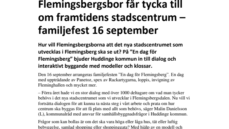 Flemingsbergsbor får tycka till om framtidens stadscentrum – familjefest 16 september