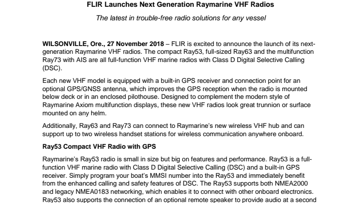 FLIR Launches Next Generation Raymarine VHF Radios