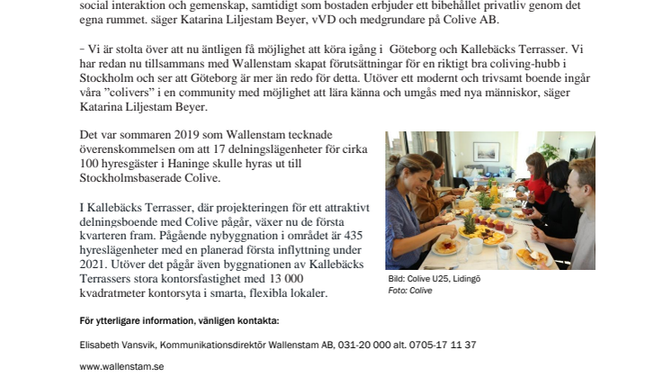Wallenstam satsar på Co-living i Kallebäcks Terrasser