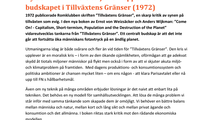 Ny bok från Anders Wijkman uppdaterar budskapet i Tillväxtens Gränser (1972)