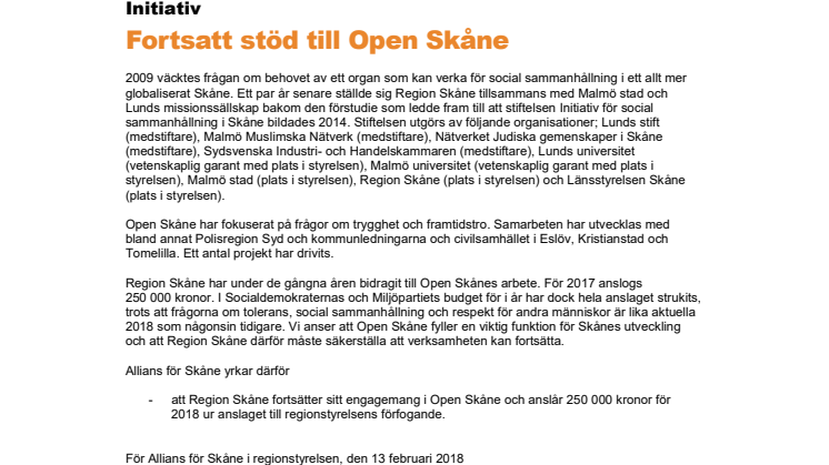 Initiativ från Allians för Skåne: Fortsatt stöd till Open Skåne