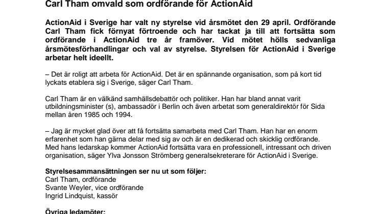 Carl Tham omvald som ordförande för ActionAid