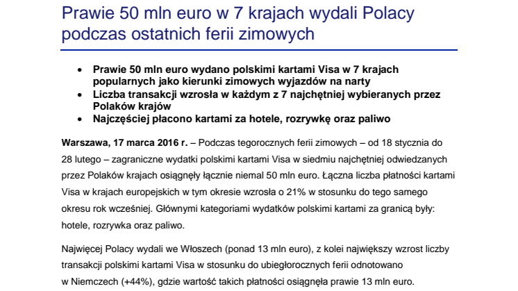 Prawie 50 mln euro w 7 krajach wydali Polacy podczas ostatnich ferii zimowych