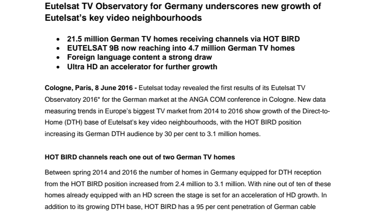 Eutelsat TV Observatory for Germany underscores new growth of Eutelsat’s key video neighbourhoods