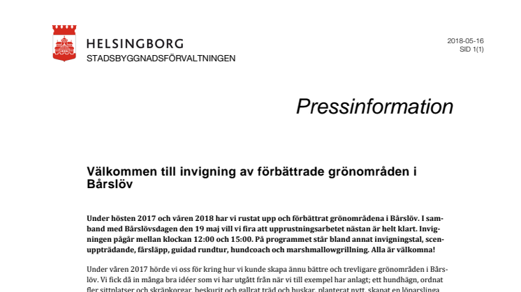 Välkommen till invigning av förbättrade grönområden i Bårslöv