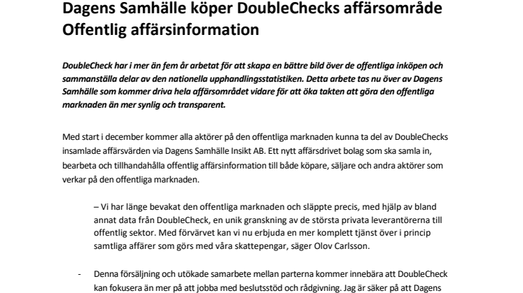 Dagens Samhälle köper DoubleChecks affärsområde Offentlig affärsinformation