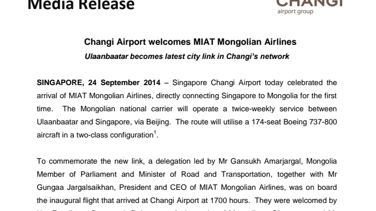 Changi Airport welcomes MIAT Mongolian Airlines