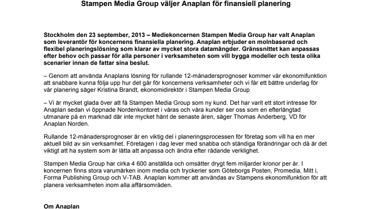 Stampen Media Group väljer Anaplan för finansiell planering