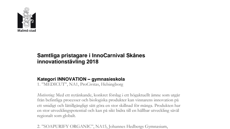 Samtliga pristagare i InnoCarnival Skånes innovationstävling 2018