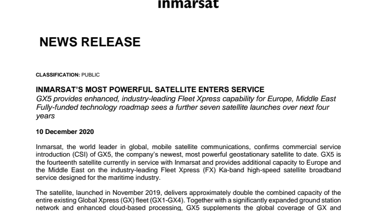 Inmarsat’s Most Powerful Satellite Enters Service