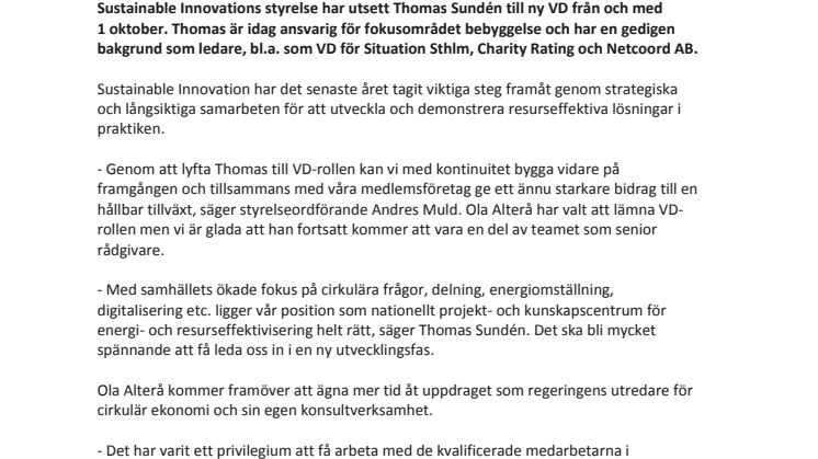 Thomas Sundén ny VD för Sustainable Innovation