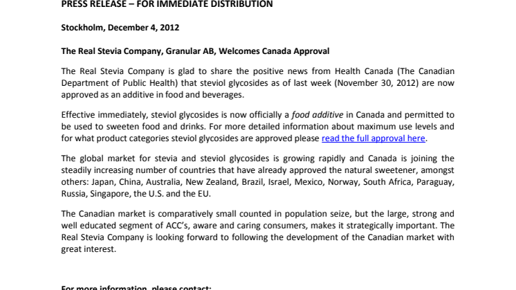 The Real Stevia Company, Granular AB, Welcomes Canada Approval