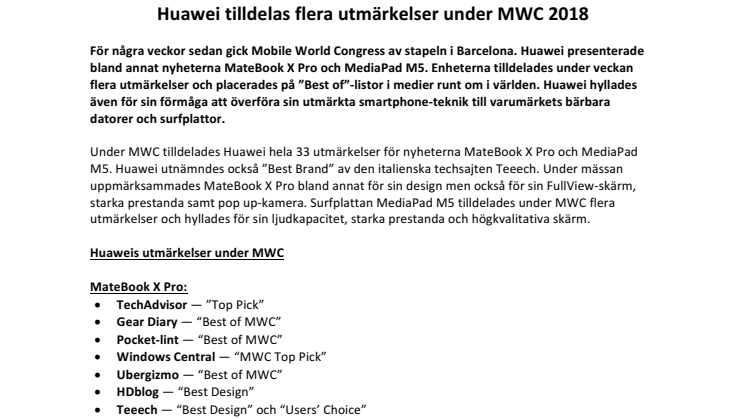 Huawei tilldelas flera utmärkelser under MWC 2018