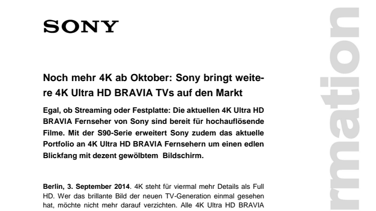 Noch mehr 4K ab Oktober: Sony bringt weitere 4K Ultra HD BRAVIA TVs auf den Markt