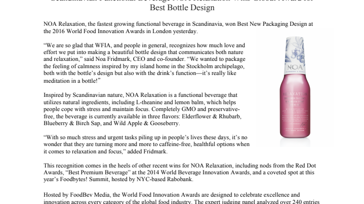 Scandinavian Functional Beverage NOA Relaxation Wins Global Award for Best Bottle Design 
