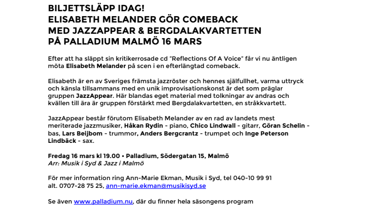 Biljettsläpp idag! Elisabeth Melander gör comeback med JazzAppear & Bergdalakvartetten på Palladium Malmö 16 mars 