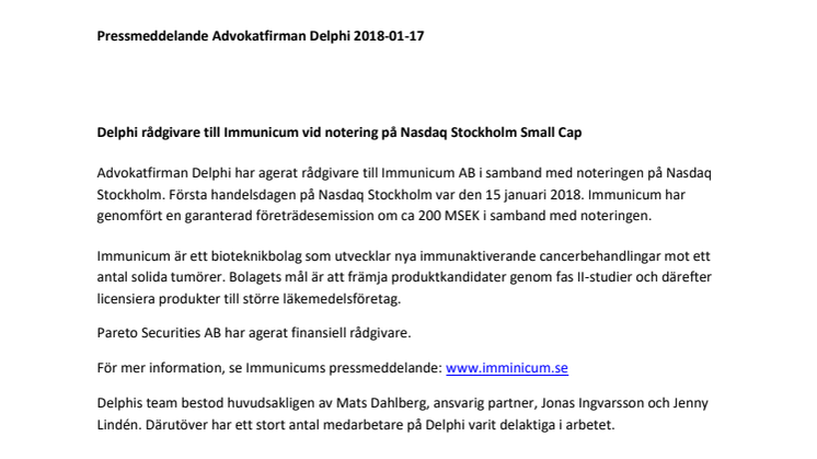 Delphi rådgivare till Immunicum vid notering på Nasdaq Stockholm Small Cap