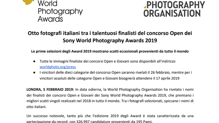 ​Otto fotografi italiani tra i talentuosi finalisti del concorso Open dei Sony World Photography Awards 2019