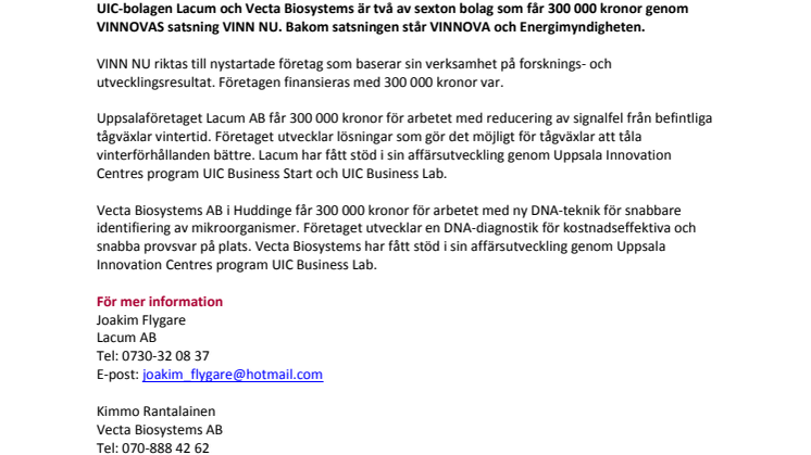 VINN NU ger Lacum och Vecta Biosystems 300 000 kr