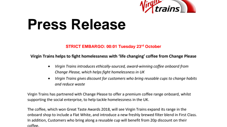 Virgin Trains helps to fight homelessness with ‘life changing’ coffee from Change Please 
