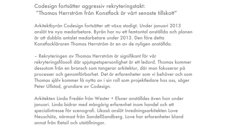 Codesign fortsätter aggressiv rekryteringstakt:  ”Thomas Herrström från Konstfack är vårt senaste tillskott” 