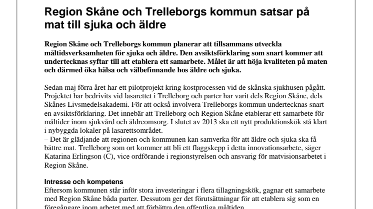 Region Skåne och Trelleborgs kommun satsar på mat till sjuka och äldre