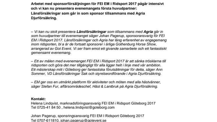 Länsförsäkringar och Agria klara sponsorer för FEI EM i Ridsport Göteborg 2017