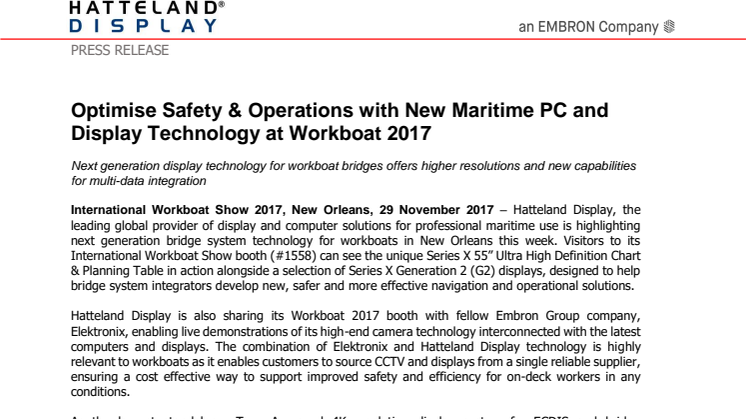 Hatteland Display - IWBS 2017: Optimise Safety & Operations with New Maritime PC and Display Technology at Workboat 2017