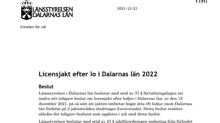 Beslut om licensjakt efter lo i Dalarnas län 2022.pdf