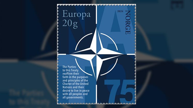 HEDRER FORSVARSSAMARBEID: Posten utgir et frimerke i anledning Natos 75-årsjubileum 4. april. Foto: Posten