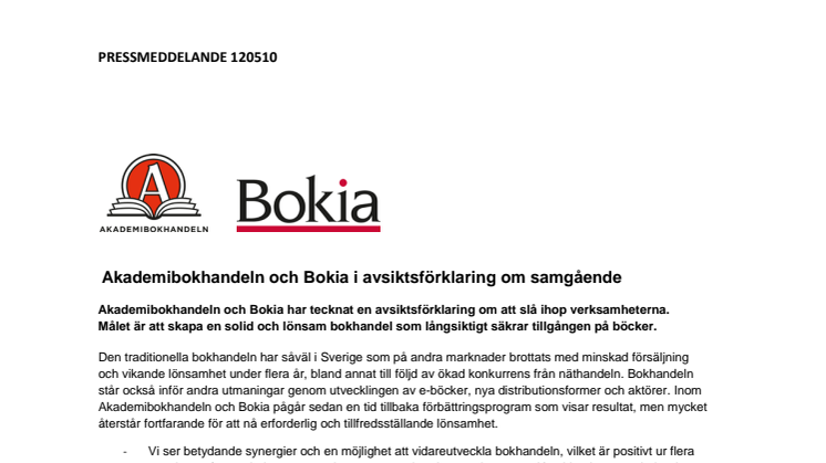 Akademibokhandeln och Bokia i avsiktsförklaring om samgående